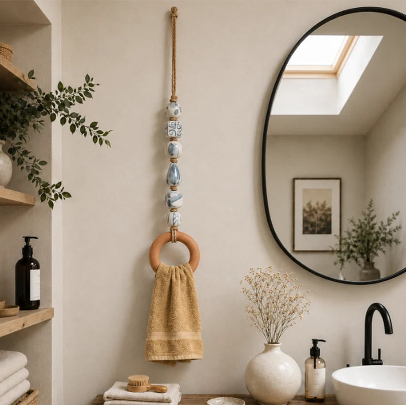 🏡Decoratieve Handdoekhanger met Kralen & Houten Ring | Praktisch voor Keuken & Badkamer | Handig Ophangen met een Warme, Natuurlijke Look