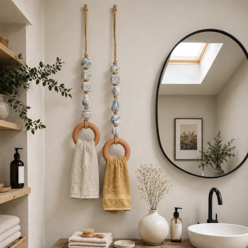 🏡Decoratieve Handdoekhanger met Kralen & Houten Ring | Praktisch voor Keuken & Badkamer | Handig Ophangen met een Warme, Natuurlijke Look