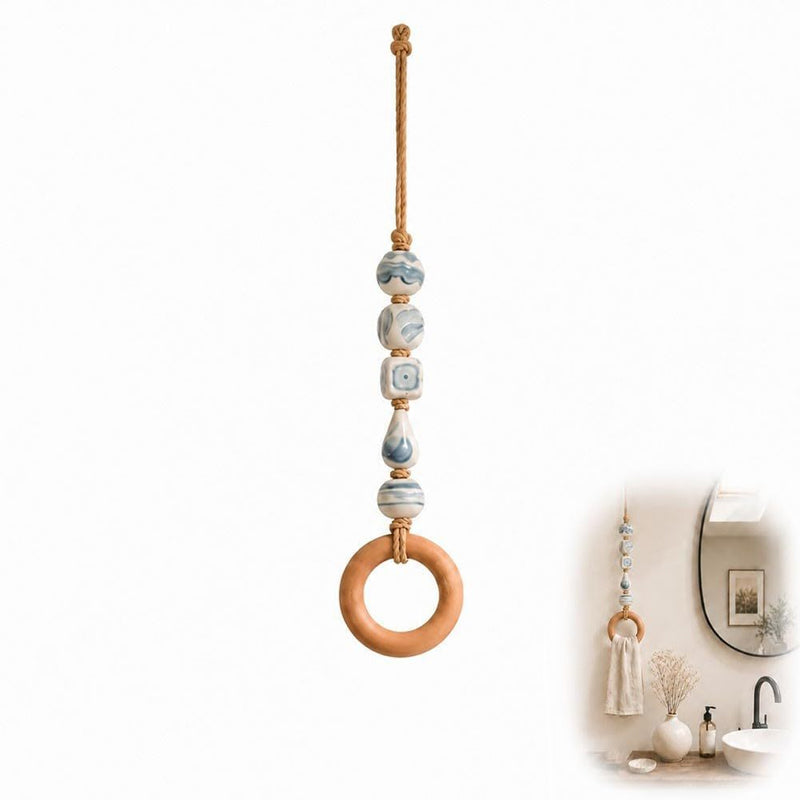 🏡Decoratieve Handdoekhanger met Kralen & Houten Ring | Praktisch voor Keuken & Badkamer | Handig Ophangen met een Warme, Natuurlijke Look