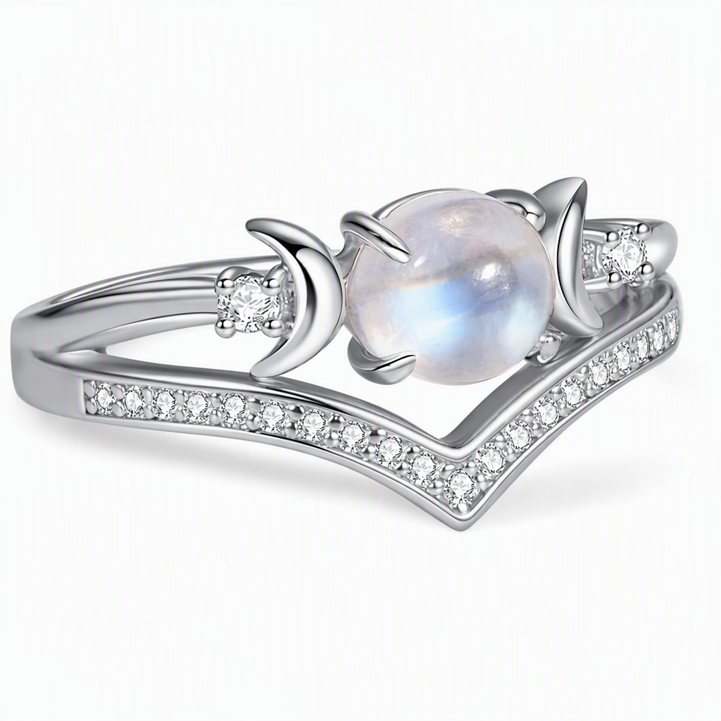 💍Vintage gotische halve maan maansteen ring met platina geplateerde V-vormige prong zetting