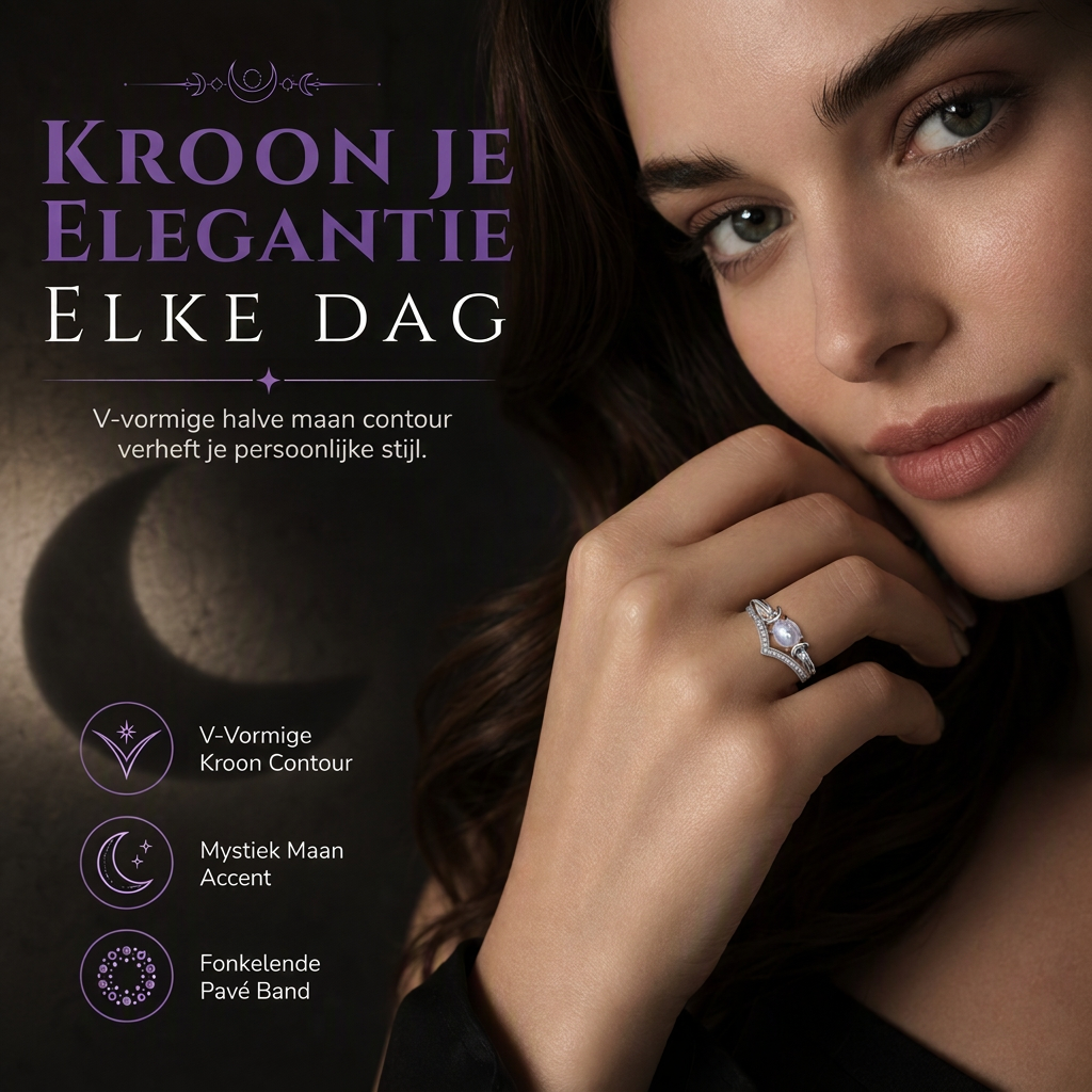 💍Vintage gotische halve maan maansteen ring met platina geplateerde V-vormige prong zetting