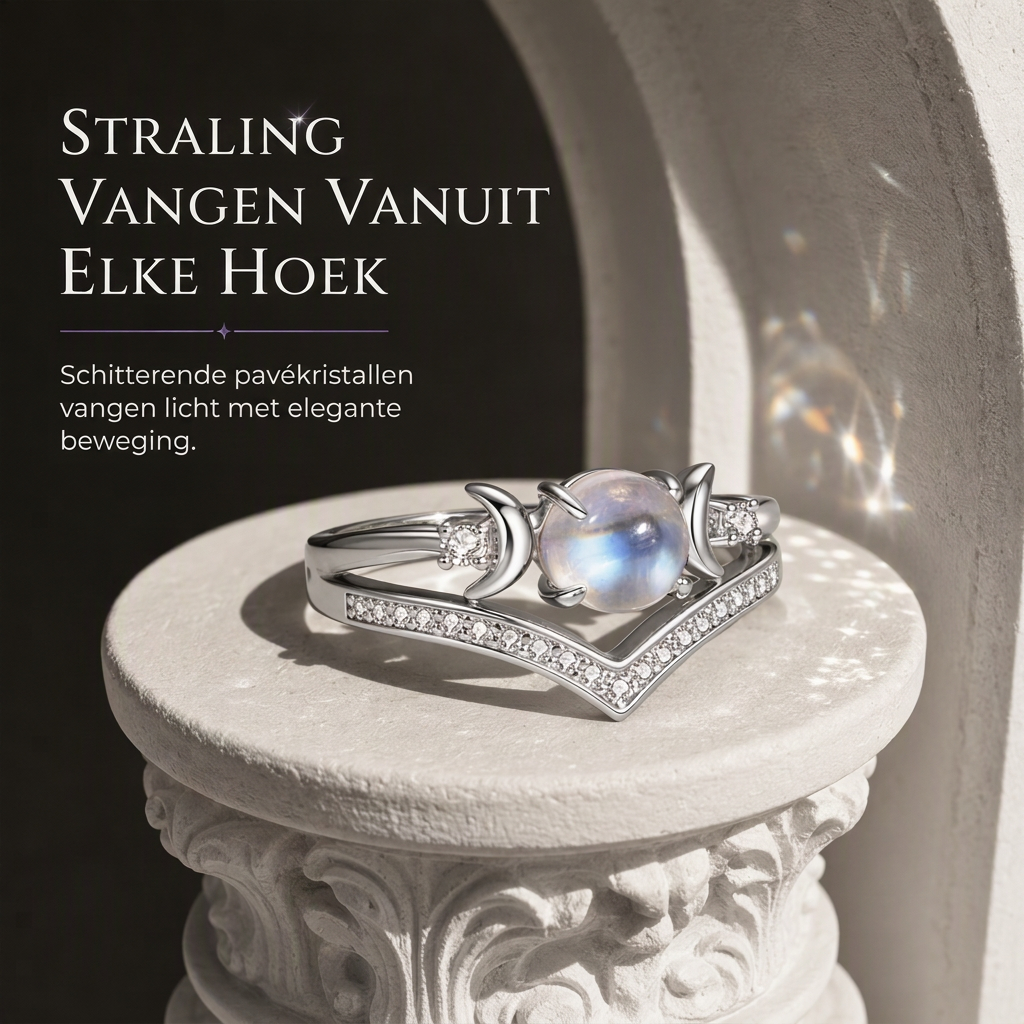 💍Vintage gotische halve maan maansteen ring met platina geplateerde V-vormige prong zetting