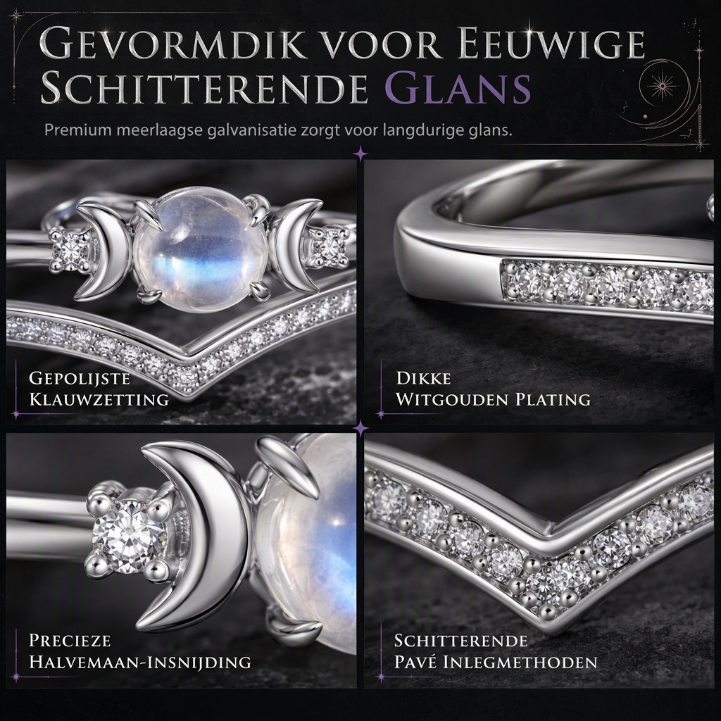 💍Vintage gotische halve maan maansteen ring met platina geplateerde V-vormige prong zetting
