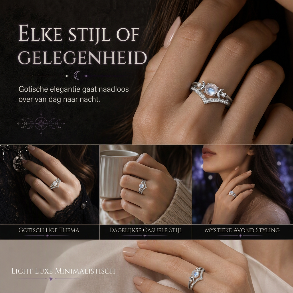 💍Vintage gotische halve maan maansteen ring met platina geplateerde V-vormige prong zetting