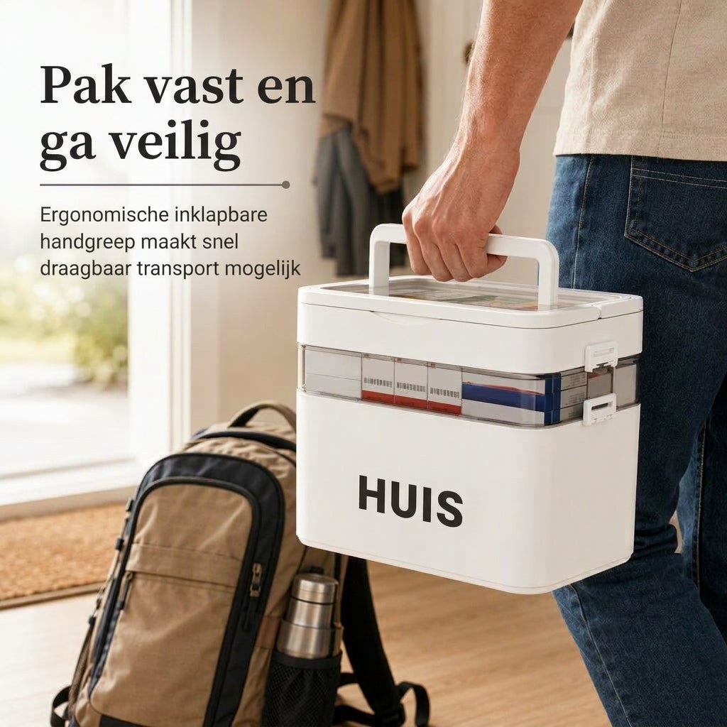 Grote kunststof medicijnopbergdoos met meerlaagse verdeelde vakken, draagbare familie EHBO-organizer voor noodgevallen