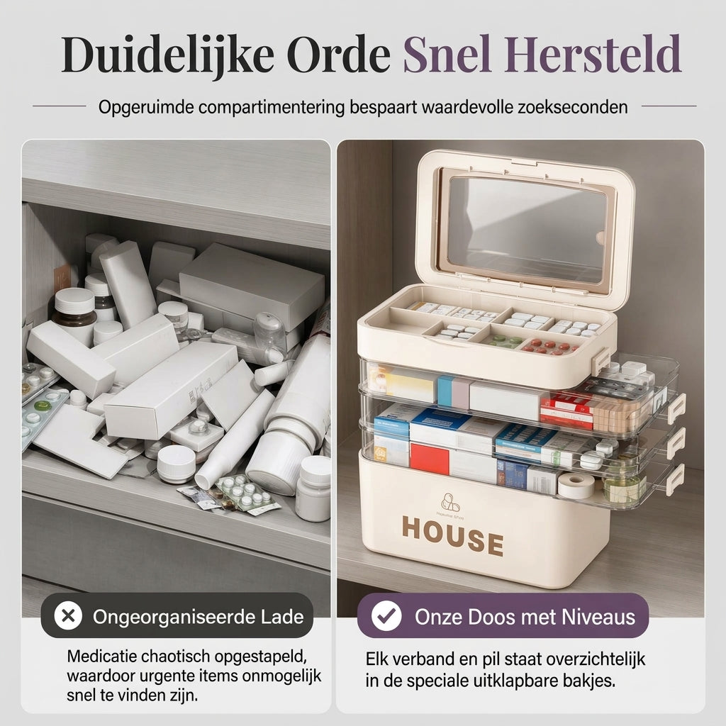 Grote kunststof medicijnopbergdoos met meerlaagse verdeelde vakken, draagbare familie EHBO-organizer voor noodgevallen