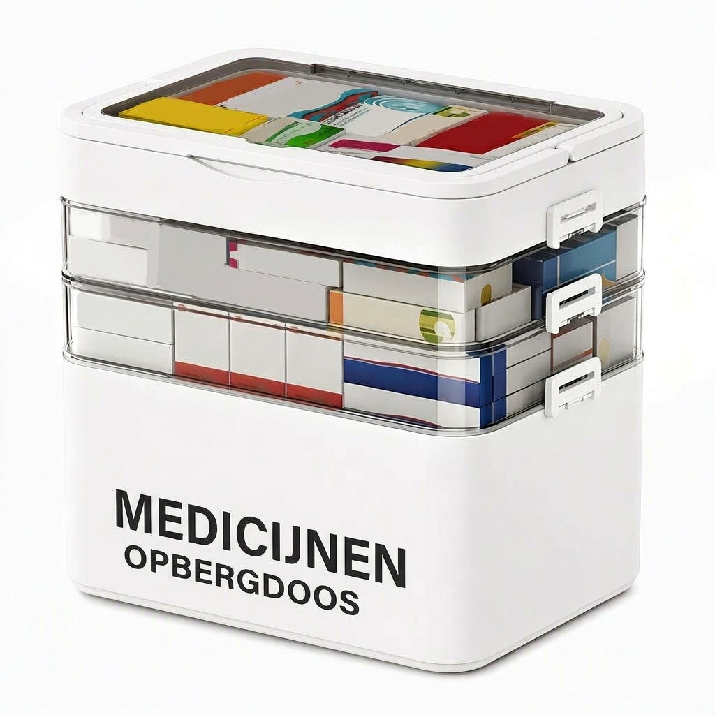 Grote kunststof medicijnopbergdoos met meerlaagse verdeelde vakken, draagbare familie EHBO-organizer voor noodgevallen