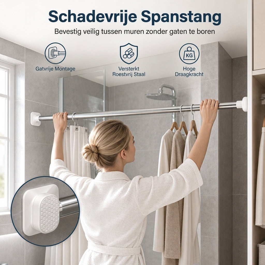 Rechte telescopische douchegordijnroede, zonder boren, verstelbare spangordijnroede voor ramen en droogroede voor kleding, geschikt voor de badkamer
