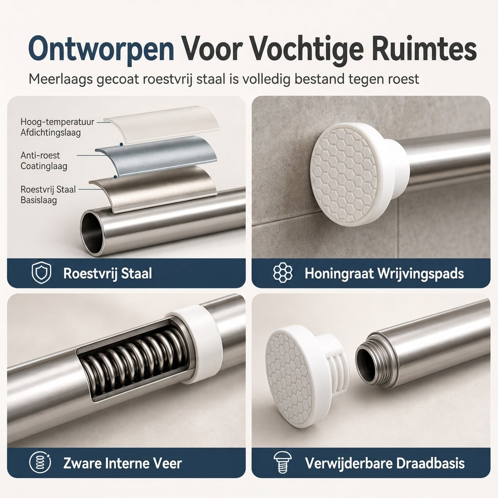 Rechte telescopische douchegordijnroede, zonder boren, verstelbare spangordijnroede voor ramen en droogroede voor kleding, geschikt voor de badkamer