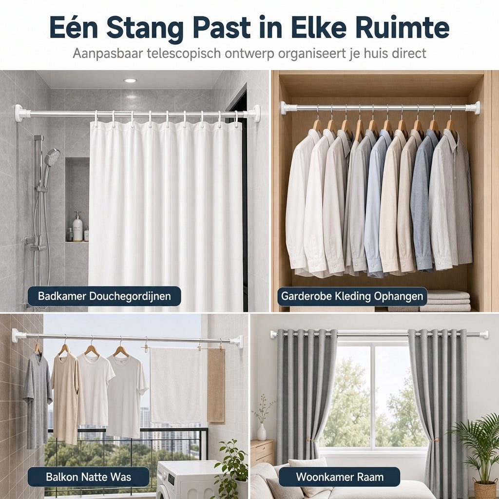 Rechte telescopische douchegordijnroede, zonder boren, verstelbare spangordijnroede voor ramen en droogroede voor kleding, geschikt voor de badkamer