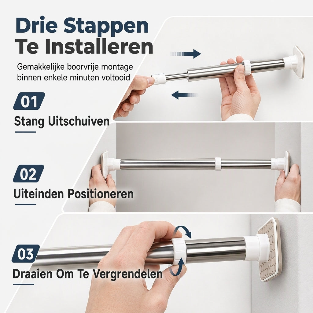 Rechte telescopische douchegordijnroede, zonder boren, verstelbare spangordijnroede voor ramen en droogroede voor kleding, geschikt voor de badkamer