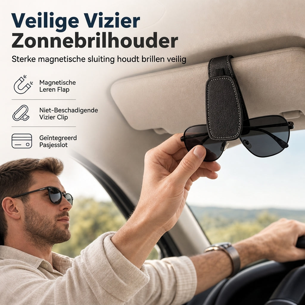 Autozonnebrilhouder met dubbele clip, brilbevestiging en kaartjesklem