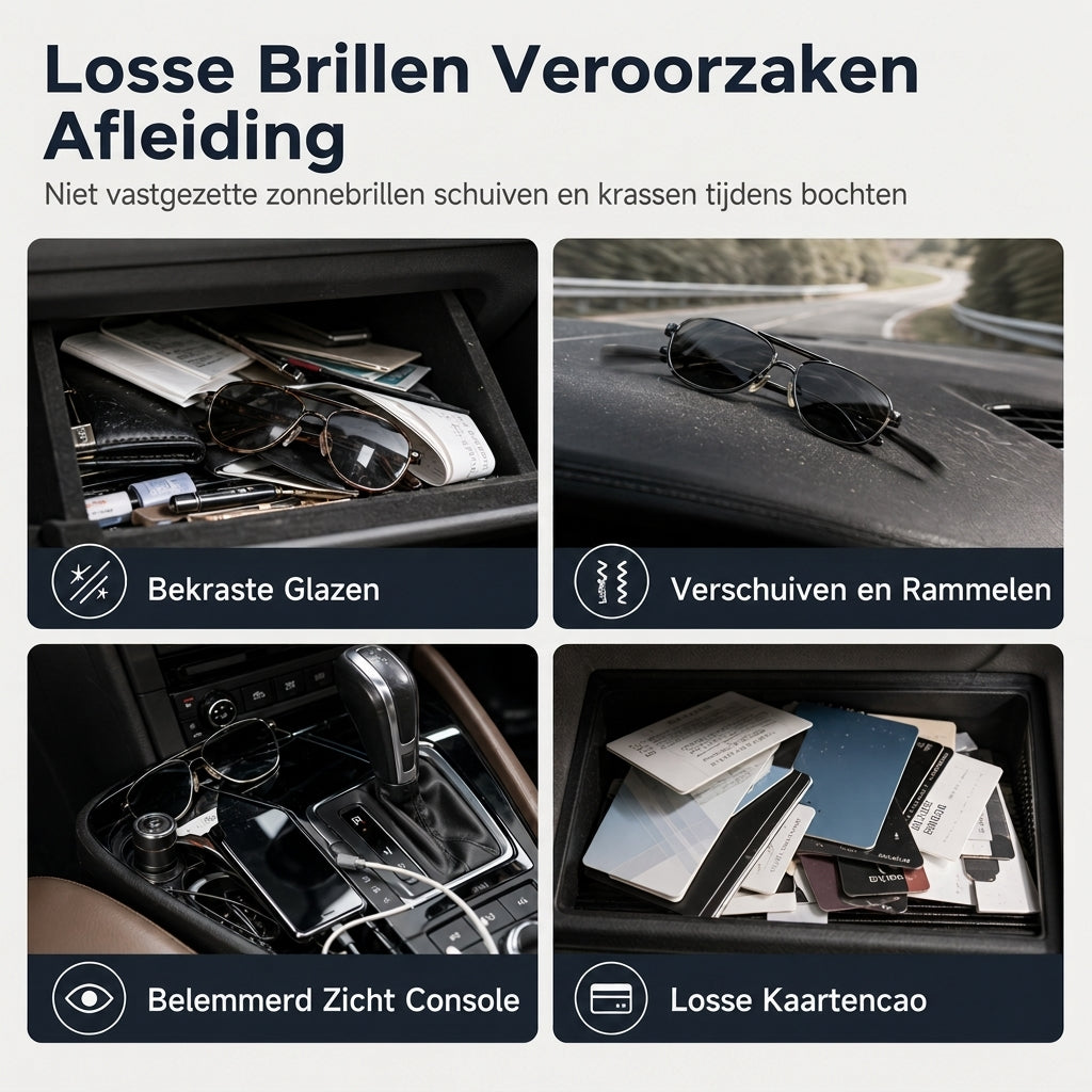 Autozonnebrilhouder met dubbele clip, brilbevestiging en kaartjesklem