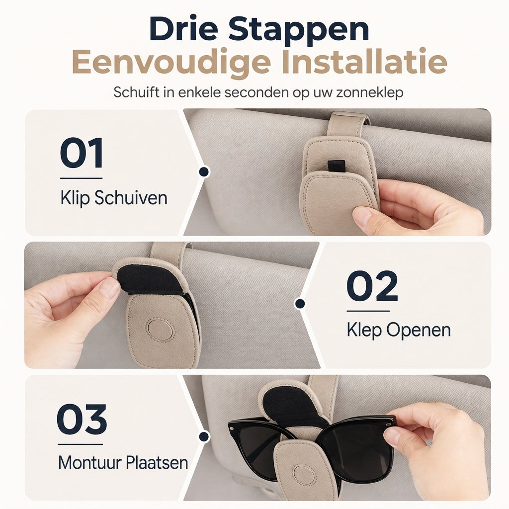 Autozonnebrilhouder met dubbele clip, brilbevestiging en kaartjesklem
