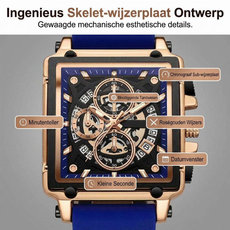 Herenhorloge met vierkante kast en opengewerkte wijzerplaat