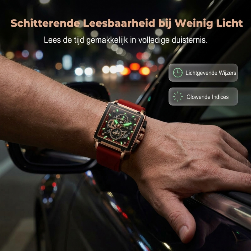 Herenhorloge met vierkante kast en opengewerkte wijzerplaat
