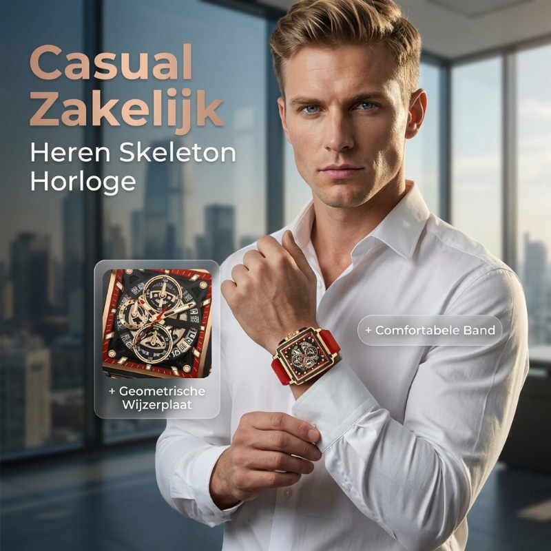 Herenhorloge met vierkante kast en opengewerkte wijzerplaat