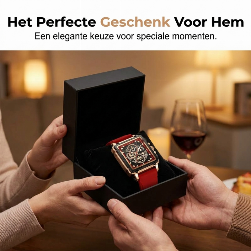 Herenhorloge met vierkante kast en opengewerkte wijzerplaat
