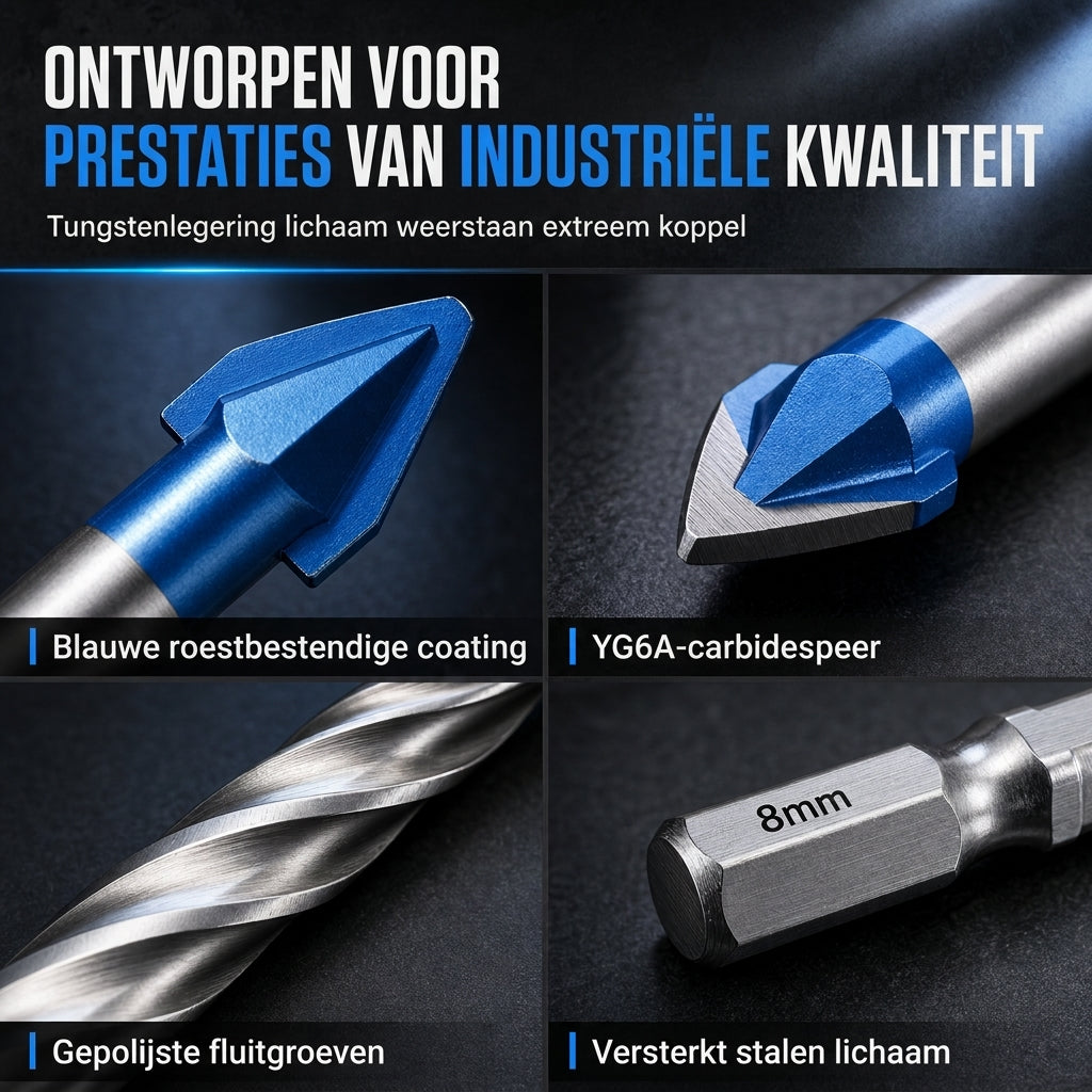 Excentrische hardmetalen boor met zeskantschacht voor het boren van gaten in keramische tegels, glas en beton