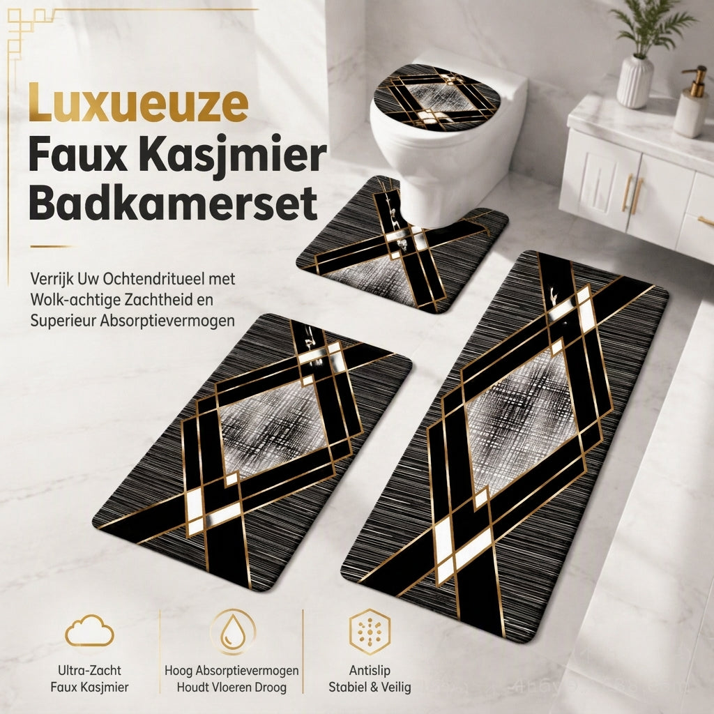 ⏳Tijdelijke speciale aanbieding⏰4-delige set badkamermatten van imitatiekasjmier met absorberende werking, inclusief rechthoekige mat, U-vormige toiletmat, toiletbrilhoes en lang loperkleed 🧽