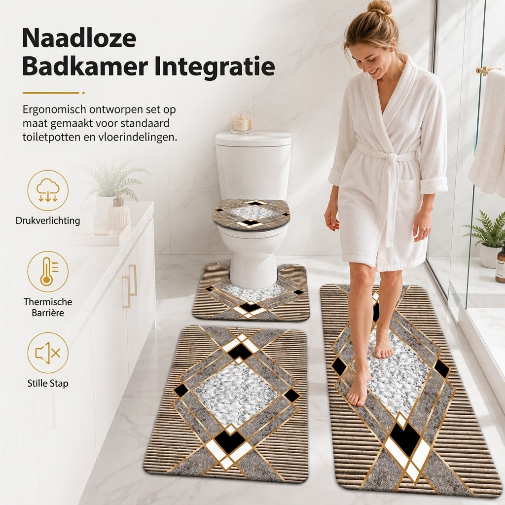 ⏳Tijdelijke speciale aanbieding⏰4-delige set badkamermatten van imitatiekasjmier met absorberende werking, inclusief rechthoekige mat, U-vormige toiletmat, toiletbrilhoes en lang loperkleed 🧽