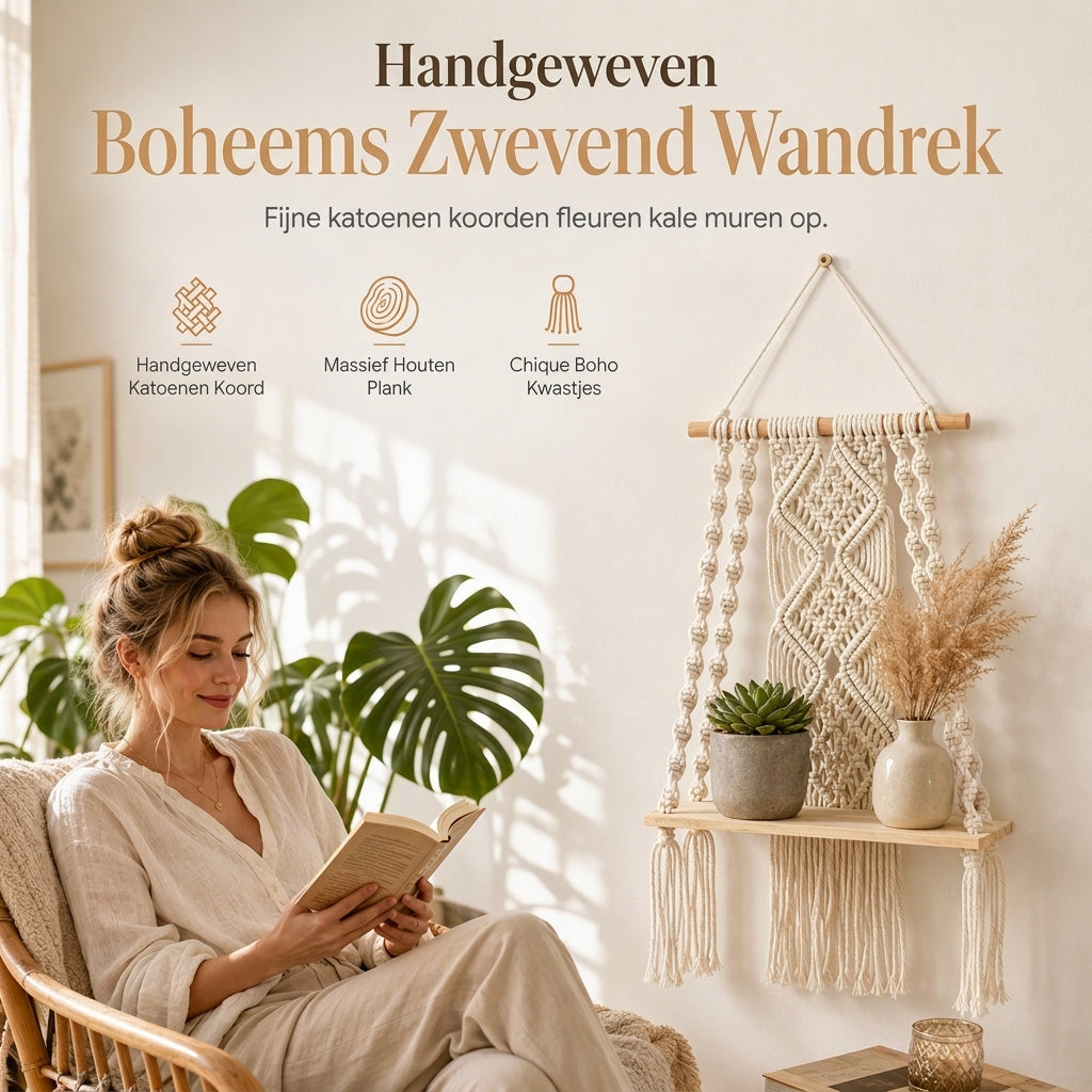 ⏳🔥 TIJDELIJKE KORTING VAN 50%! ⏰ Bohemian handgeweven zwevende plank – handgemaakte Boho wanddecoratie | geen zichtbare beugels, stevig en uniek | perfect voor de woonkamer en slaapkamer🌿