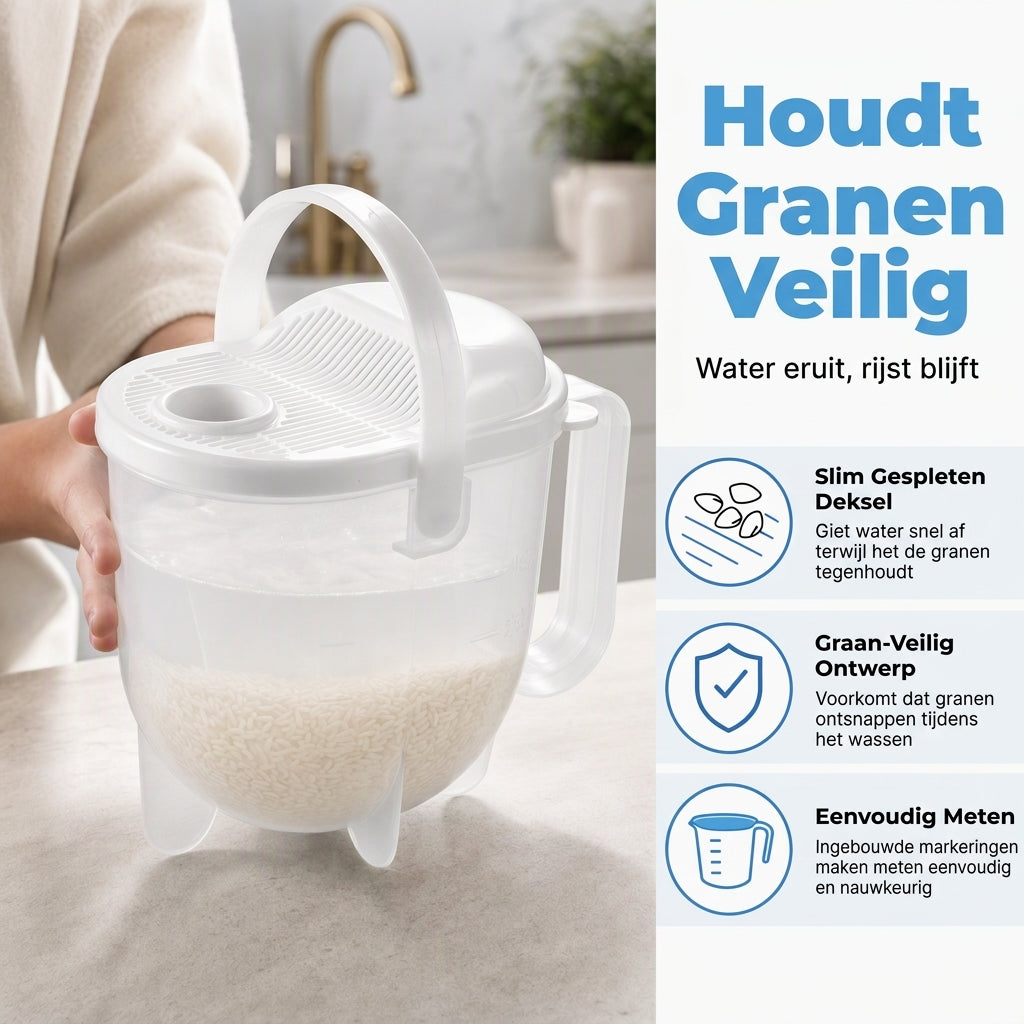 Handvrije rijstwasser met zeef