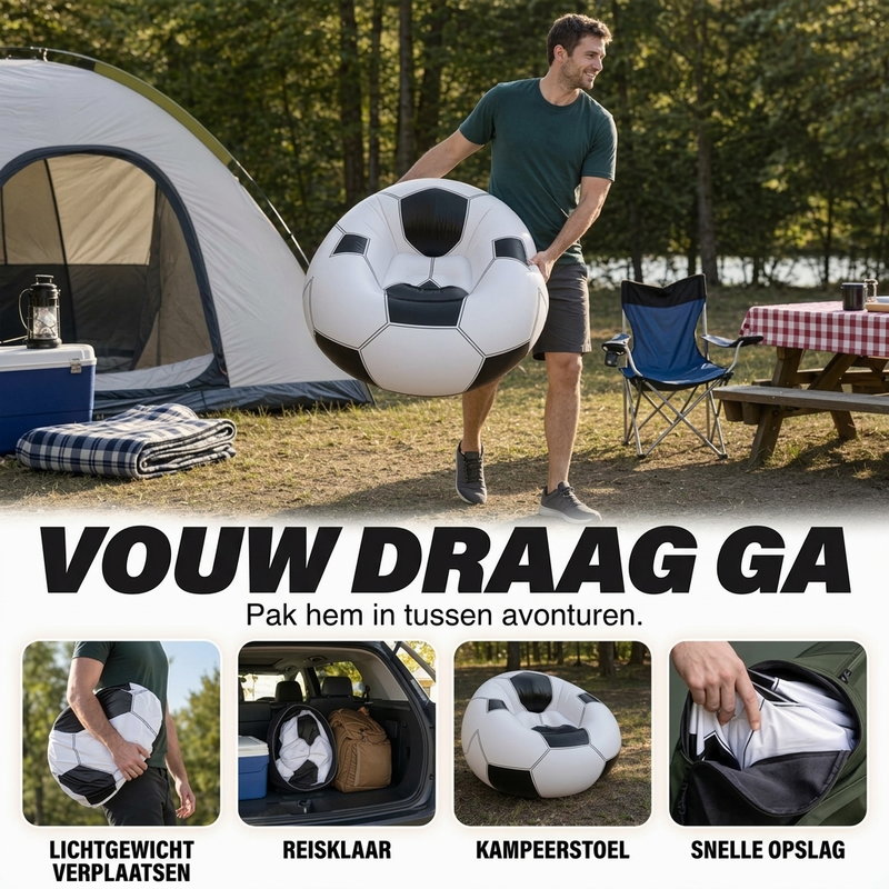 ⏳🔥TIJDELIJK 50% KORTING! ⏰⚽ Opblaasbare PVC Voetbalvormige Bank 🛋️– Leuk Voetbalontwerp, Duurzame & Draagbare Ligstoel voor Speelkamer, Feest, Slaapkamer & Wedstrijdavonden ✨
