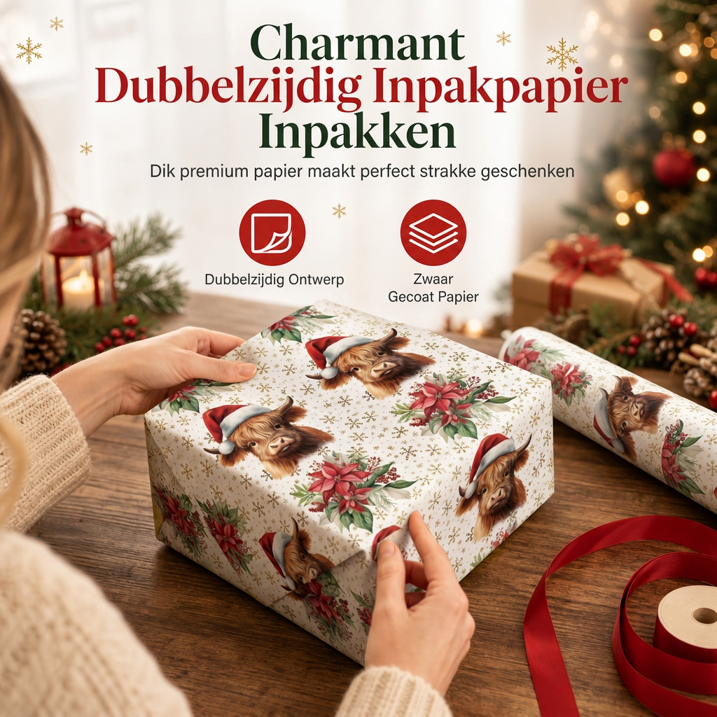 ⏳ Kerstaanbiedingen🎄Schotse Hooglander & Bloemen Cadeaupapier Rol – 43x500cm Feestelijk Cadeaupapier voor Kerstcadeaus, Feesten & Knutselprojecten ✨