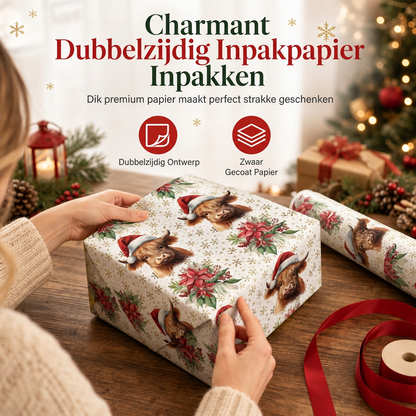 ⏳ Kerstaanbiedingen🎄Schotse Hooglander & Bloemen Cadeaupapier Rol – 43x500cm Feestelijk Cadeaupapier voor Kerstcadeaus, Feesten & Knutselprojecten ✨