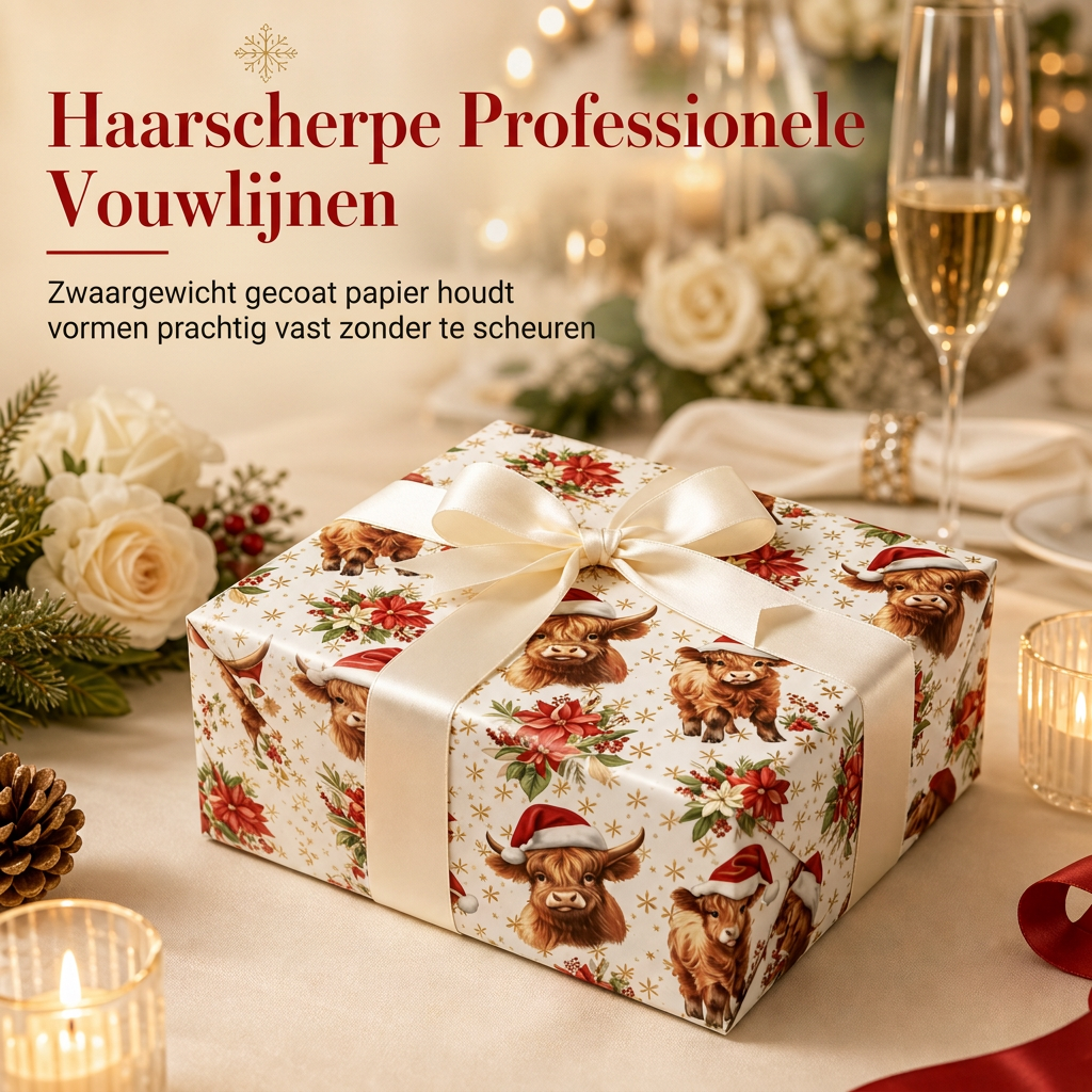 ⏳ Kerstaanbiedingen🎄Schotse Hooglander & Bloemen Cadeaupapier Rol – 43x500cm Feestelijk Cadeaupapier voor Kerstcadeaus, Feesten & Knutselprojecten ✨