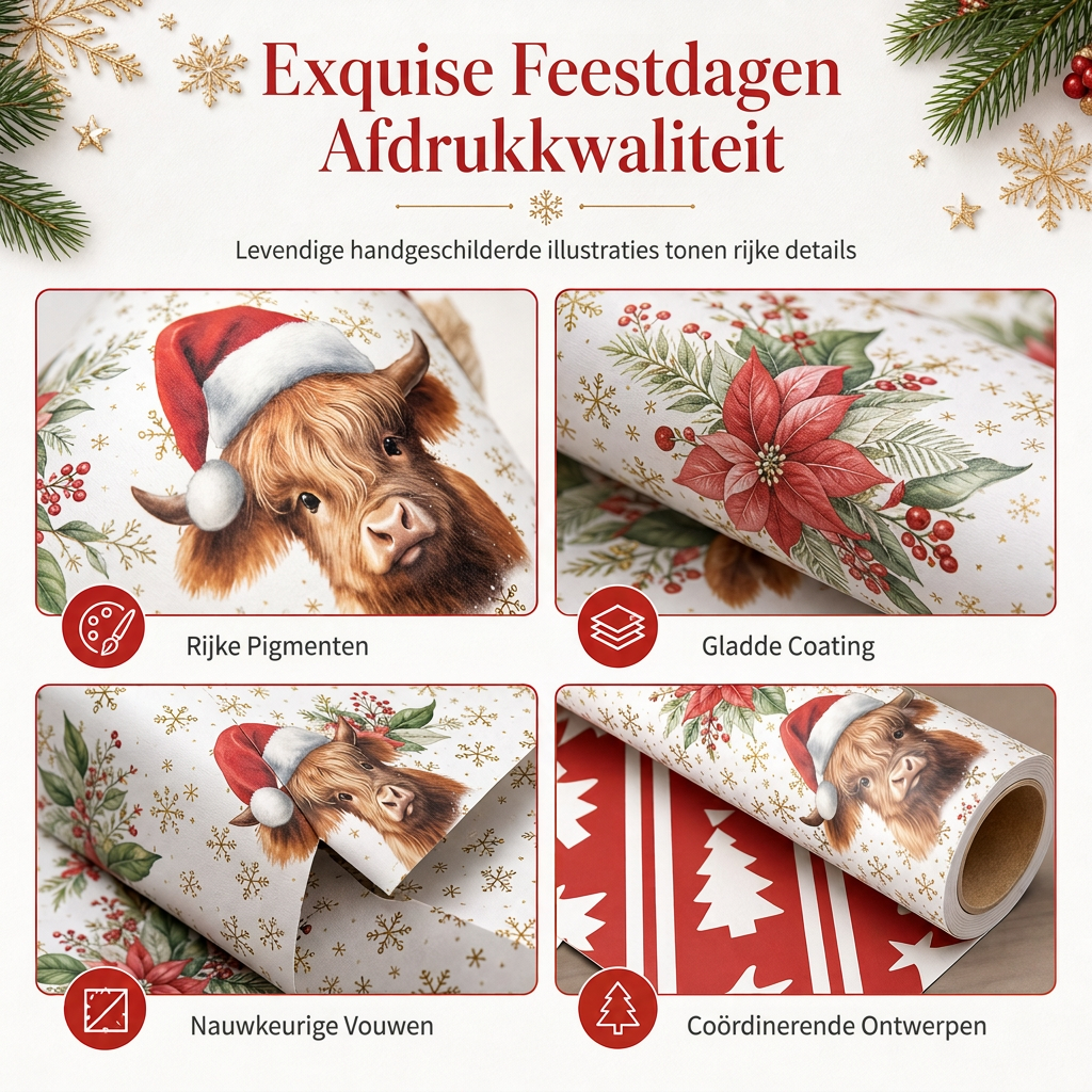 ⏳ Kerstaanbiedingen🎄Schotse Hooglander & Bloemen Cadeaupapier Rol – 43x500cm Feestelijk Cadeaupapier voor Kerstcadeaus, Feesten & Knutselprojecten ✨