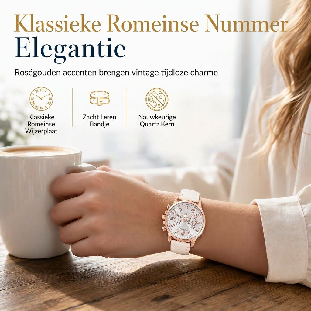 Eenvoudig dameskwarts horloge met leren band en wijzerplaat met drie tellers