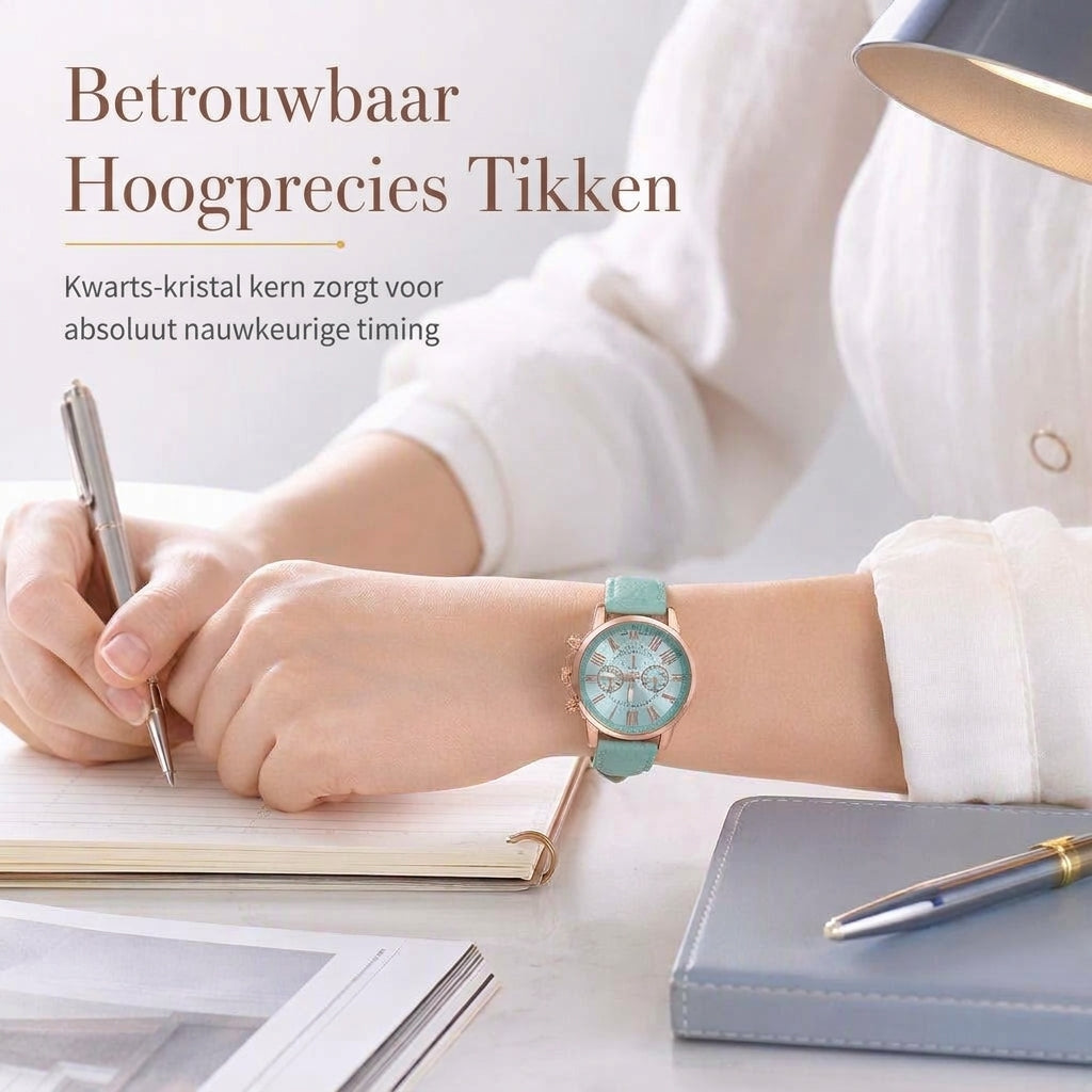 Eenvoudig dameskwarts horloge met leren band en wijzerplaat met drie tellers