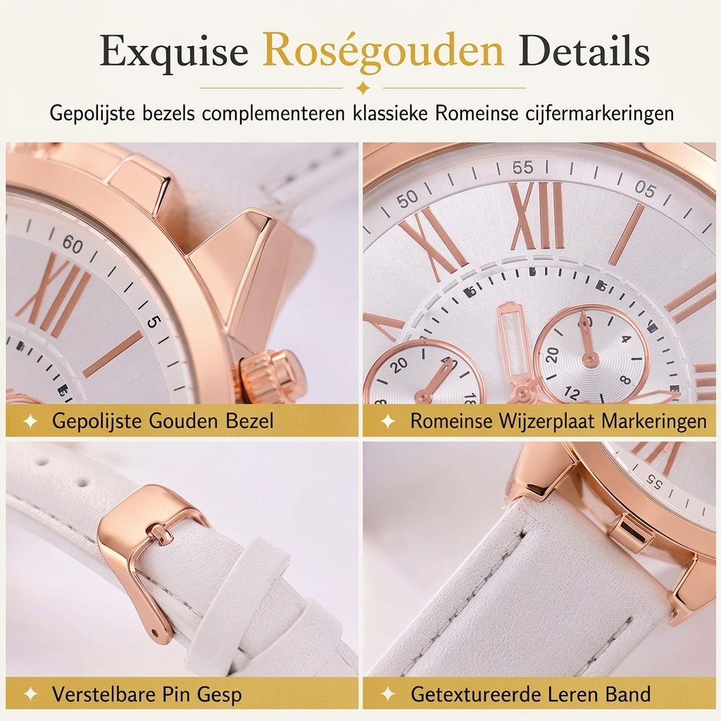 Eenvoudig dameskwarts horloge met leren band en wijzerplaat met drie tellers