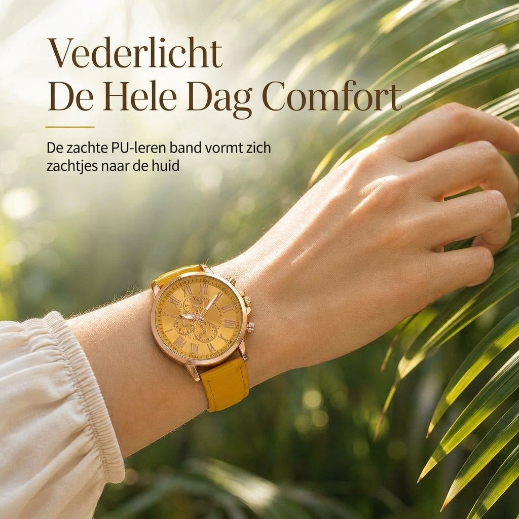 Eenvoudig dameskwarts horloge met leren band en wijzerplaat met drie tellers