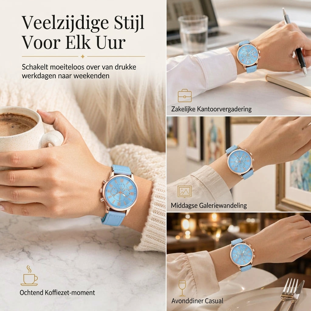 Eenvoudig dameskwarts horloge met leren band en wijzerplaat met drie tellers