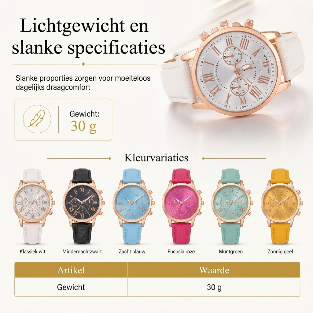 Eenvoudig dameskwarts horloge met leren band en wijzerplaat met drie tellers