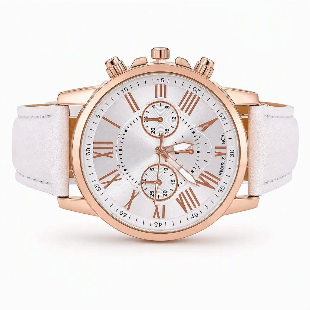 Eenvoudig dameskwarts horloge met leren band en wijzerplaat met drie tellers