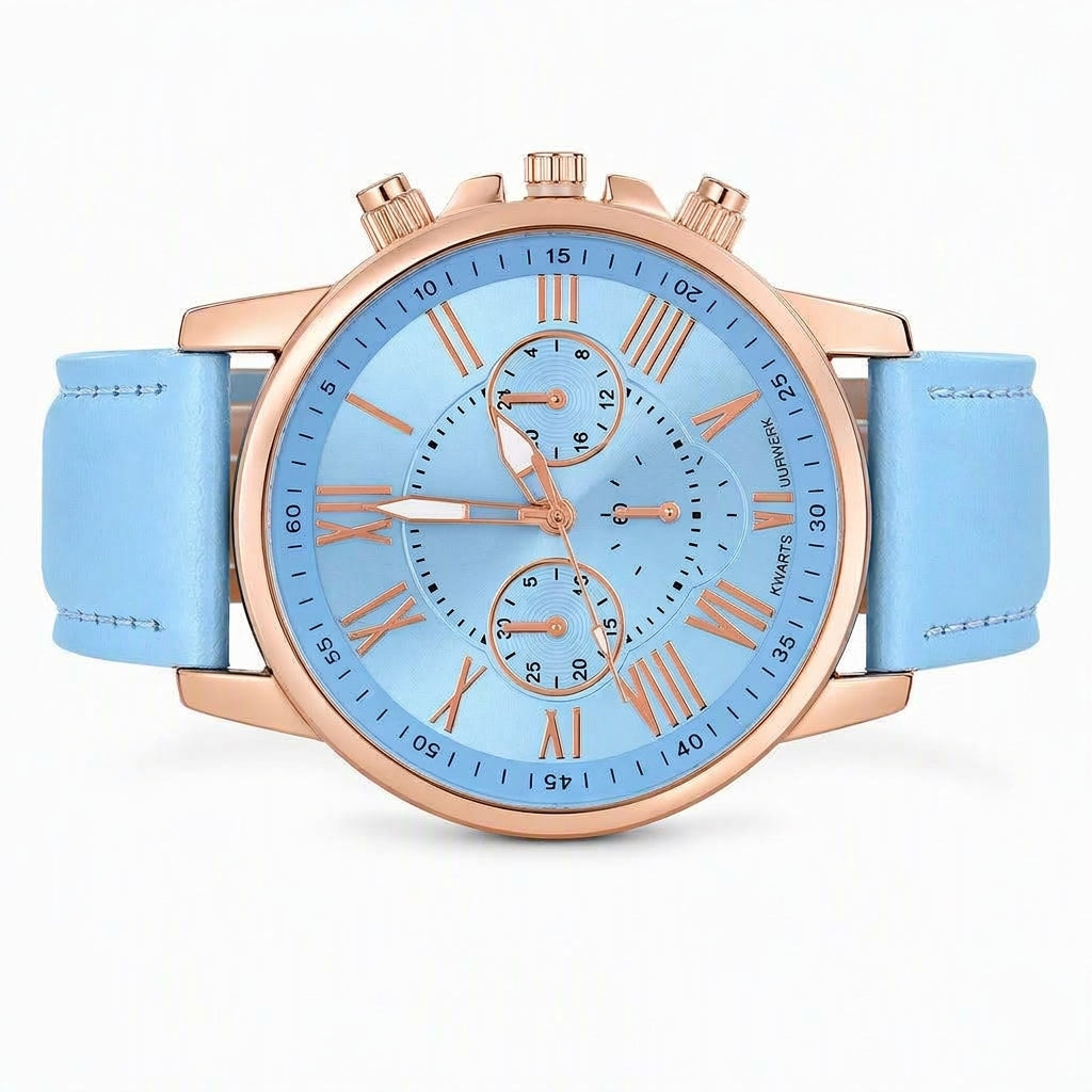 Eenvoudig dameskwarts horloge met leren band en wijzerplaat met drie tellers