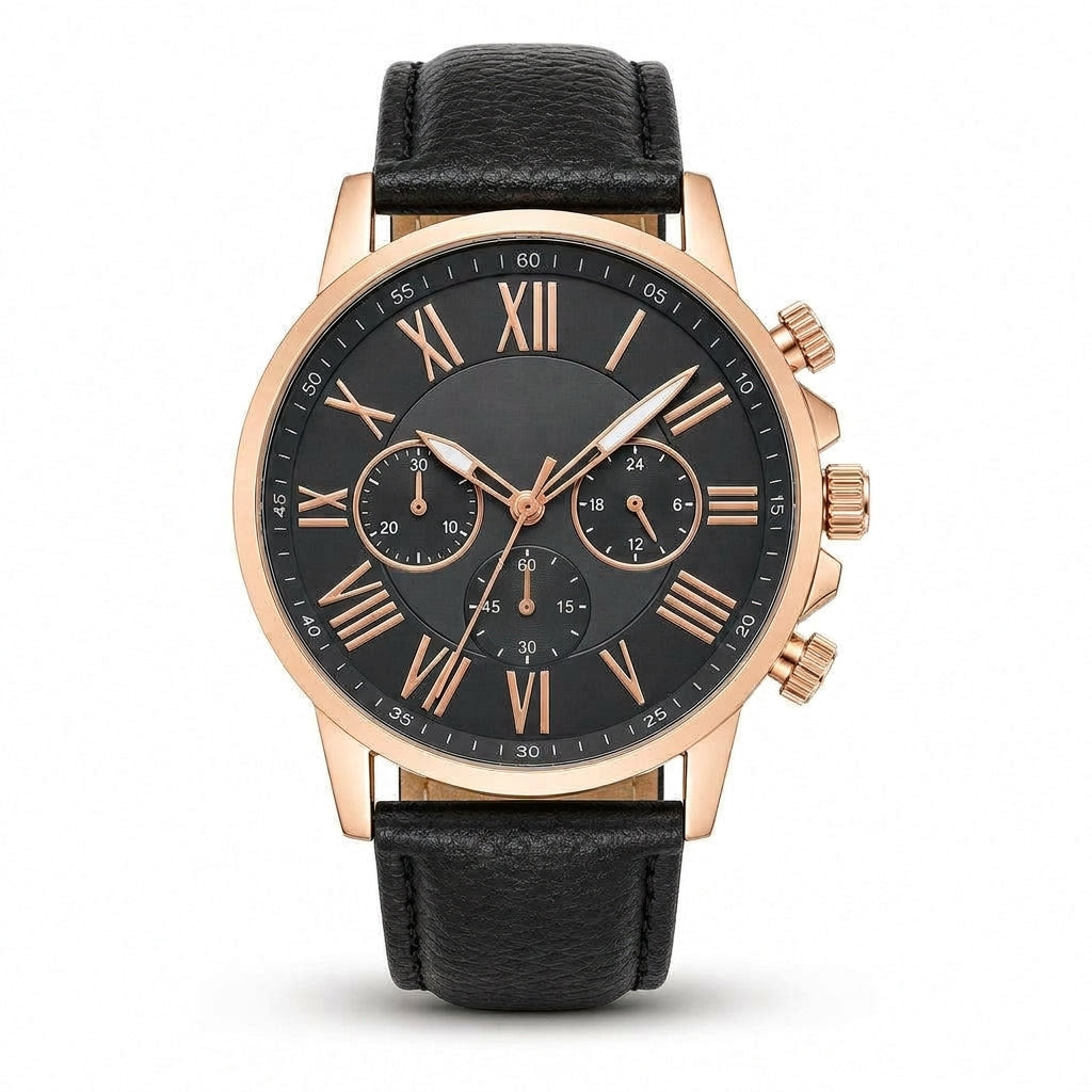 Eenvoudig dameskwarts horloge met leren band en wijzerplaat met drie tellers