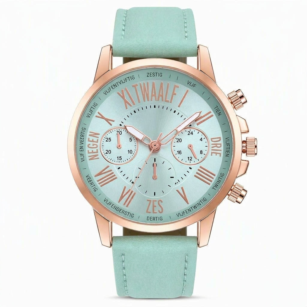 Eenvoudig dameskwarts horloge met leren band en wijzerplaat met drie tellers