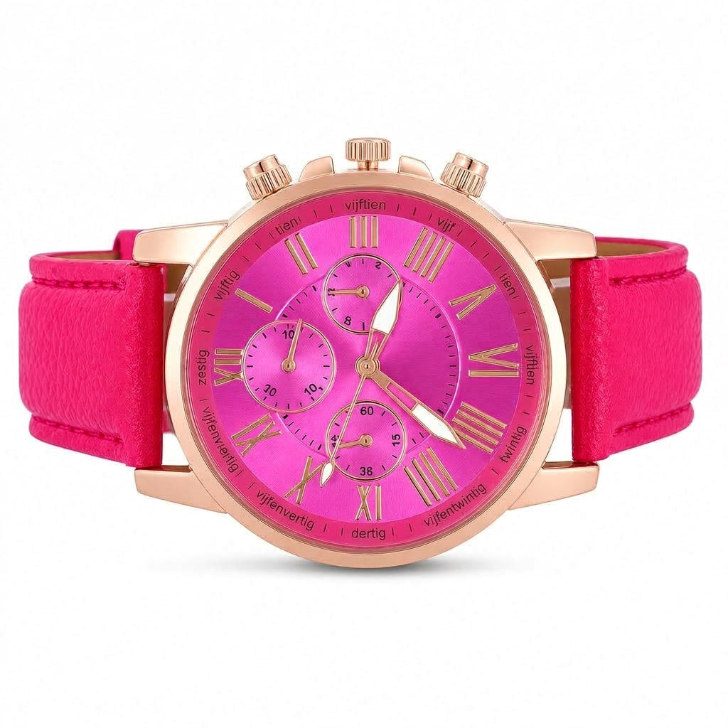 Eenvoudig dameskwarts horloge met leren band en wijzerplaat met drie tellers