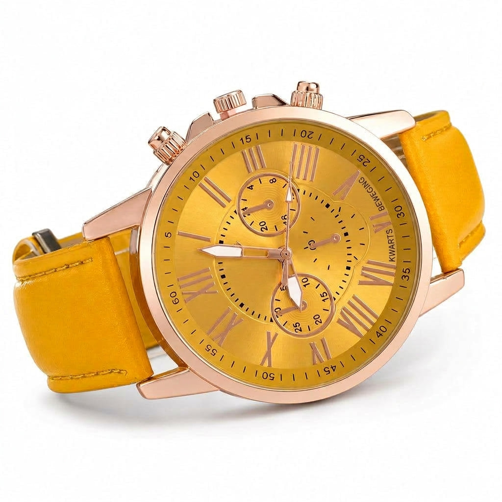Eenvoudig dameskwarts horloge met leren band en wijzerplaat met drie tellers