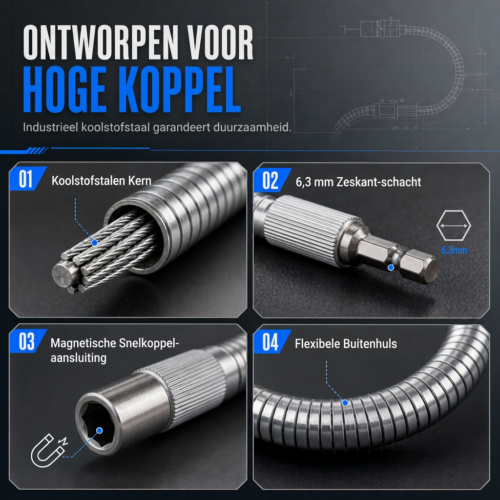 🛠️ Universele metalen flexibele asverlengstang – 360° buigbaar, hoog koppel, zeskantige aansluiting ✨