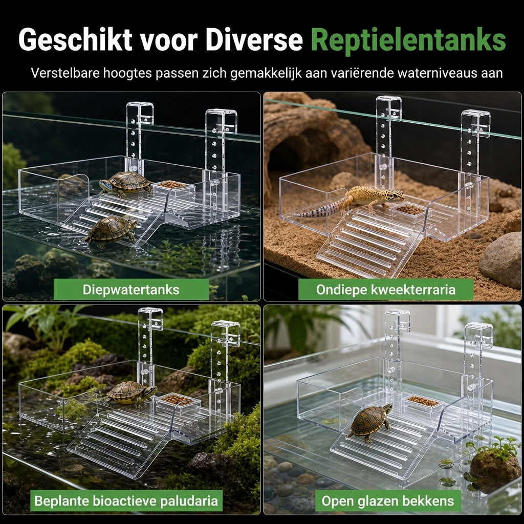 ☀️ 50% KORTING! ✨ Hangend schildpad zonnedek van helder acrylon: antislip opgang, ingebouwde voerbak en verstelbare montage, rustplatform met meerdere zones voor een gezonde schildpadgroei 🐢