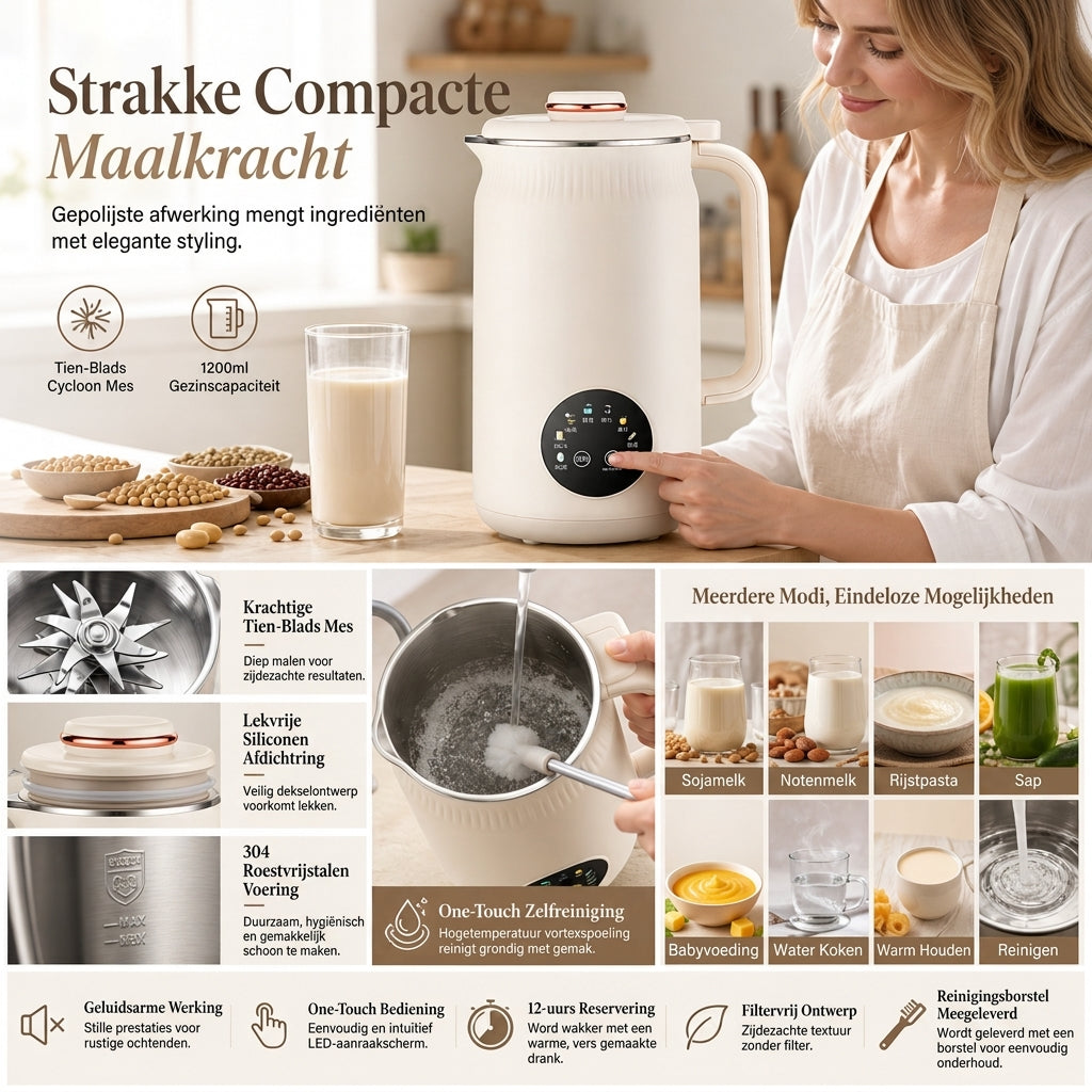 Huishoudelijke Automatische Sojamelkmaker en High-Blender 1500ml Capaciteit Filtervrije Multifunctionele Voedselverwerker met 10 Messen en 304 Roestvrijstalen Binnenbekleding