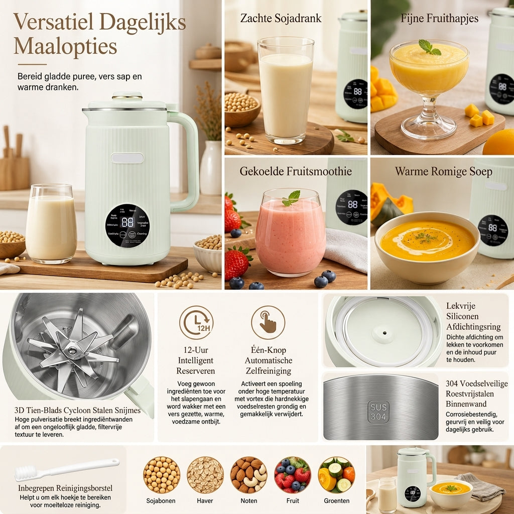 Huishoudelijke Automatische Sojamelkmaker en High-Blender 1500ml Capaciteit Filtervrije Multifunctionele Voedselverwerker met 10 Messen en 304 Roestvrijstalen Binnenbekleding