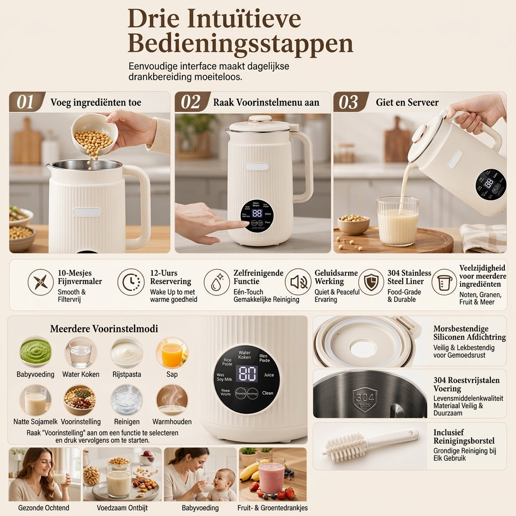 Huishoudelijke Automatische Sojamelkmaker en High-Blender 1500ml Capaciteit Filtervrije Multifunctionele Voedselverwerker met 10 Messen en 304 Roestvrijstalen Binnenbekleding