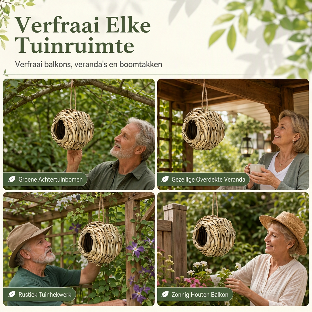 Handgevlochten bolvormig vogelnest van stro met ronde opening voor buitendecoratie in tuin en op erf